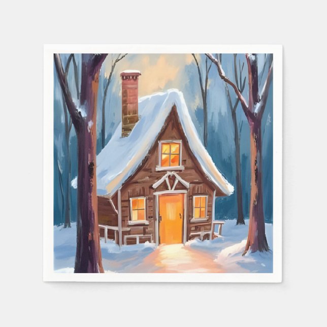 Cabin in the Snowy Winter Woods Christmas Pappersservett (Framsidan)