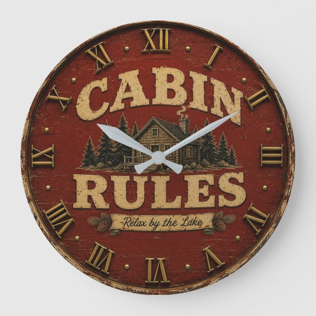 Cabin Rules Rustic Lake Cabin Stor Klocka (Framsida)