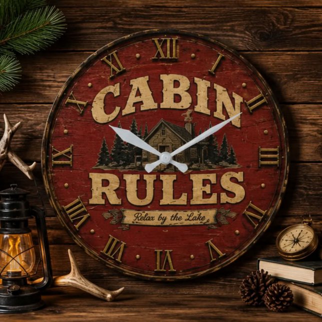 Cabin Rules Rustic Lake Cabin Stor Klocka (Skapare uppladdad)