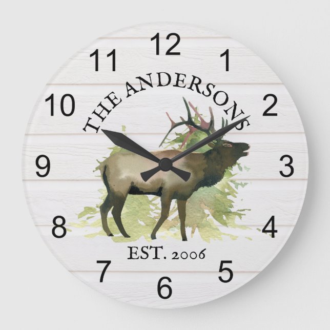 Cabin Rustic Elk wood Personlig Mountain Stor Klocka (Framsida)