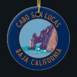 Cabo San Lucas Arch Mexico Retro Distress Circle Julgransprydnad Keramik<br><div class="desc">Cabo San Lucas i en vektorkonst stil. Cabo San Lucas,  en stad på södra kanten av Mexikos Baja Kalifornien-peninsula,  är känd för sina stränder,  vatten-baserade aktiviteter och nattliv.</div>