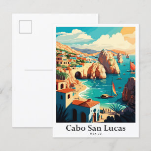 Cabo San Lucas Mexico Vintage resor Illustration Vykort