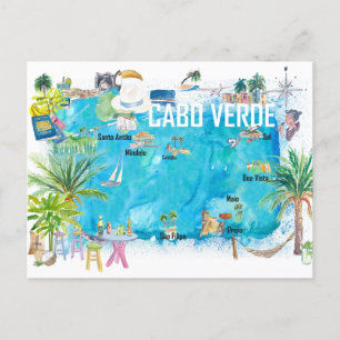 Cabo Verde Illustrated Island Travel Karta Vykort