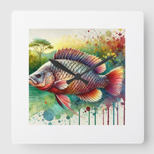 Cacique Fish 190624AREF111 - Watercolor Fyrkantig Klocka (Framsida)