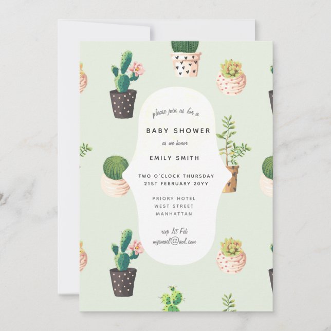 Cacti Baby Shower Inbjudningskort Watercolor Succu (Framsida)