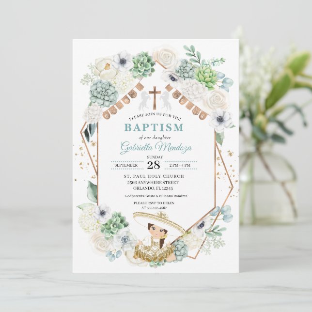 Cacti Blommigt Mexican Flicka Charra Baptism Inbjudningar (Stående Fram)