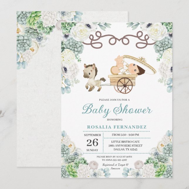 Cacti Blommigt Mexican Pojke Charro Baby Shower Inbjudningar (Fram/baksida)