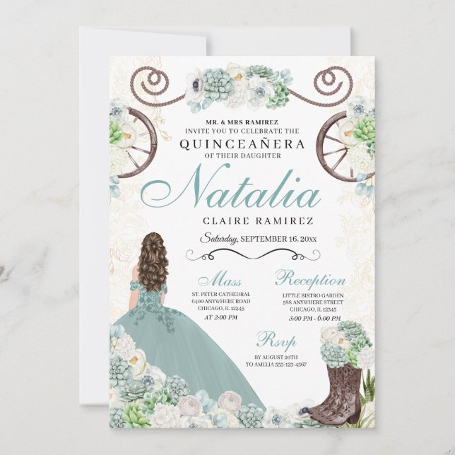 Cacti Blommigt Mint Grönt Western Charra Quinceane Inbjudningar (Framsida)