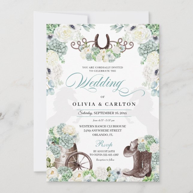 Cacti Blommigt Mint Grönt Westernare Cowboy Bröllo Inbjudningar (Framsida)