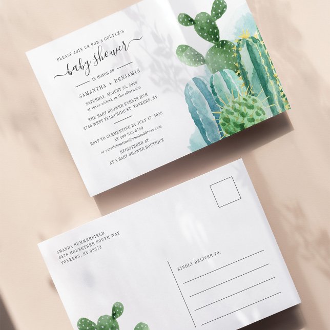 Cacti Botanical Par Baby Shower Watercolor Inbjudan Vykort (Skapare uppladdad)
