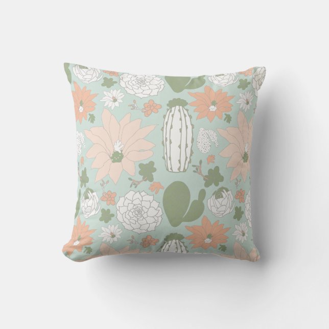 Cacti Cactus Peach Grönt Viktigt Blommönster Kudde (Framsida)