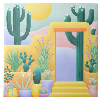 Cacti Garden Southwest Desert liggande Artwork Kakelplatta