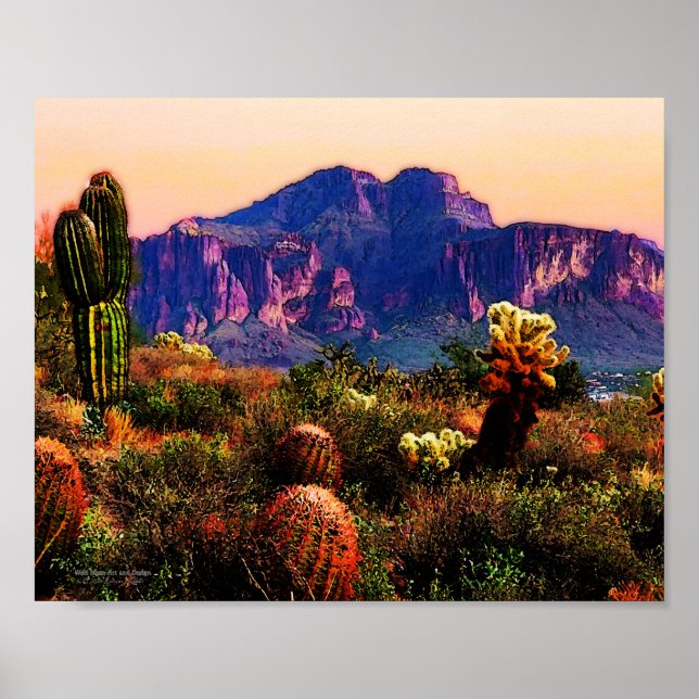 Cacti & Lila Mountain Dusk Sonoran Desert 10x8 Poster (Framsidan)
