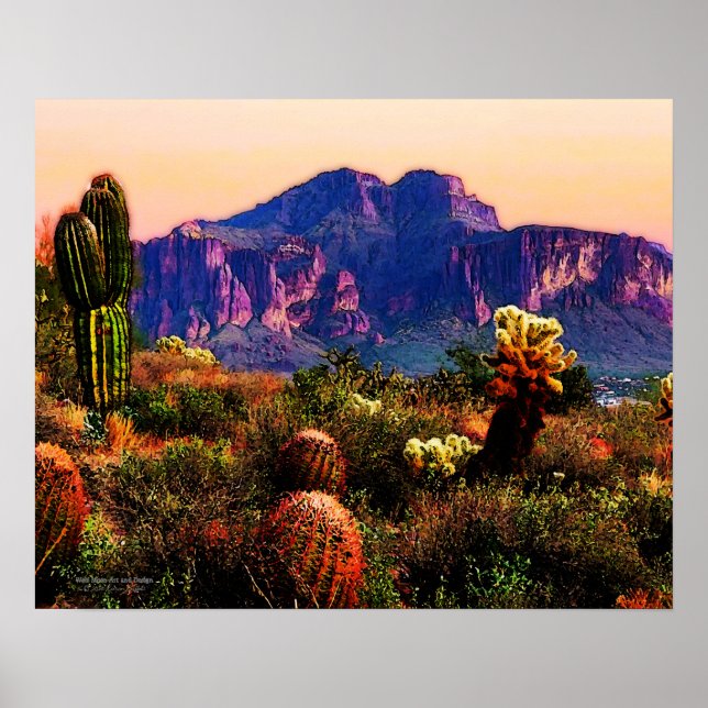 Cacti- och Lila-bergen vid Dusk Sonoran Desert Poster (Framsidan)