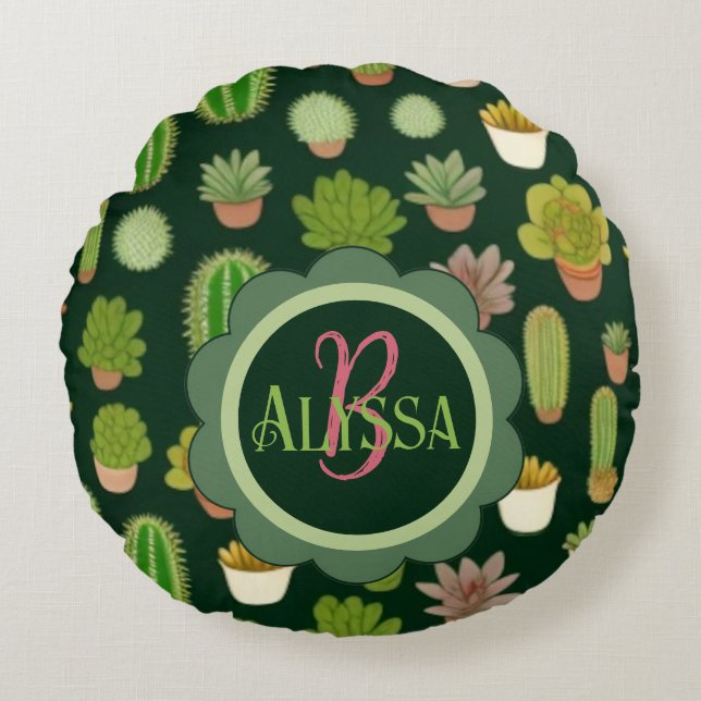 Cacti och Succulary Wonderland: Customize Namn Rund Kudde (Framsidan)