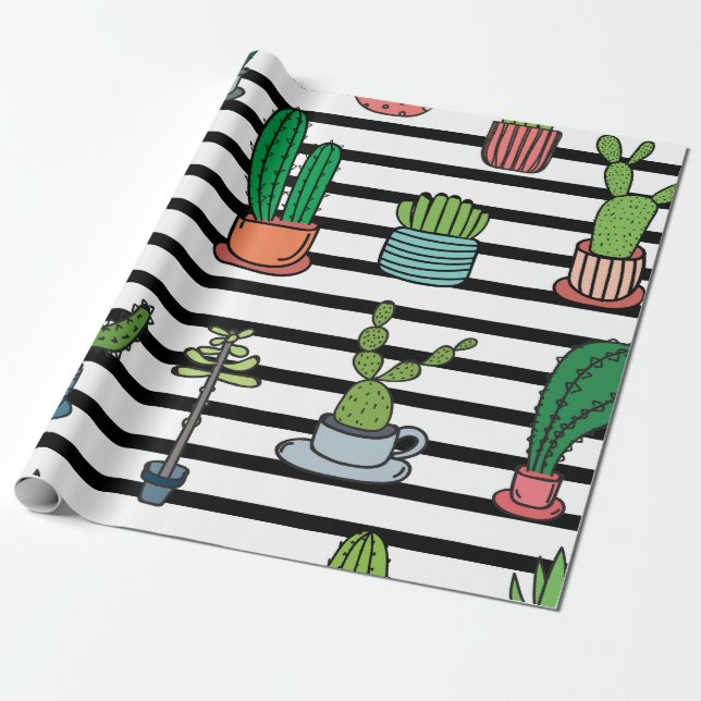 Cacti och Succulents på Rand Mönster Presentpapper (Utrullad)