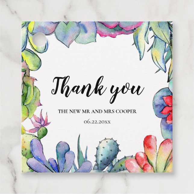 Cacti och suckulatorer vattenfärgen bröllop gåvor etiketter (Framsida)