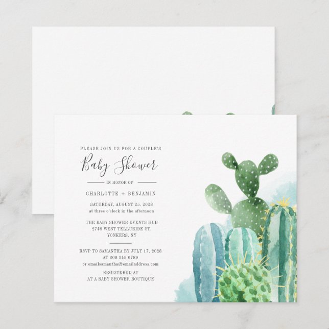 Cacti Par Baby Shower Watercolor Script Inbjudningar (Fram/baksida)