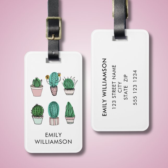 Cacti succulents illustration personlig namn bagagebricka (Cacti Cactus Personalized Luggage tag)