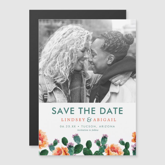 Cactus and Flowers Save the Date Magnetisk Inbjudningskort (Fram/baksida)