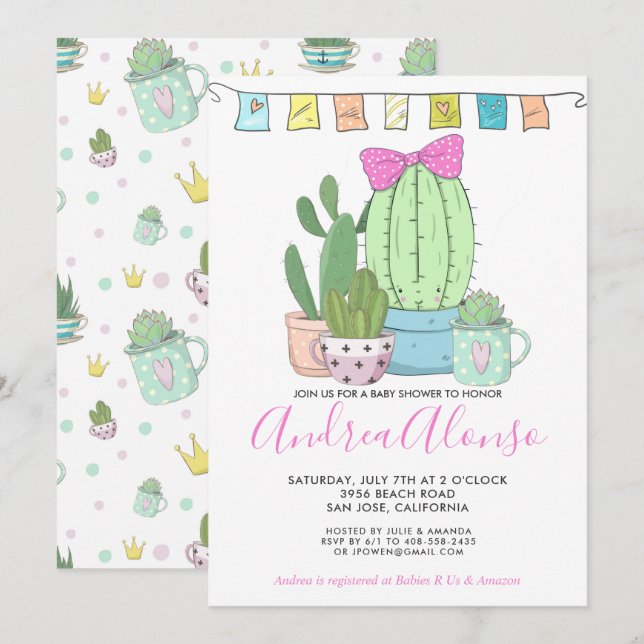 Cactus Baby Flicka | Bebisens Invitation Inbjudningar (Fram/baksida)
