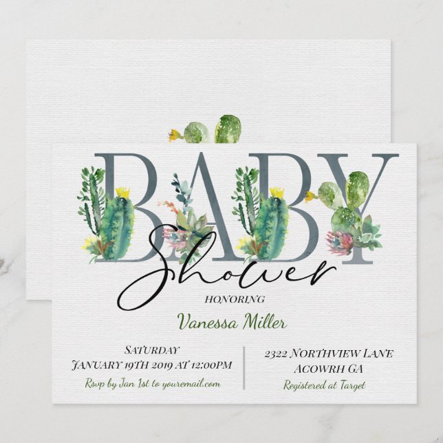 Cactus Baby Shower Inbjudan (Fram/baksida)
