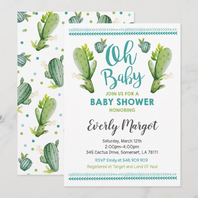 Cactus Baby Shower-inbjudan Succulent Shower Inbjudningar (Fram/baksida)
