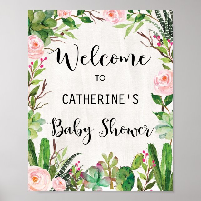 Cactus Baby Shower Välkomstsignatur Succult Poster (Framsidan)