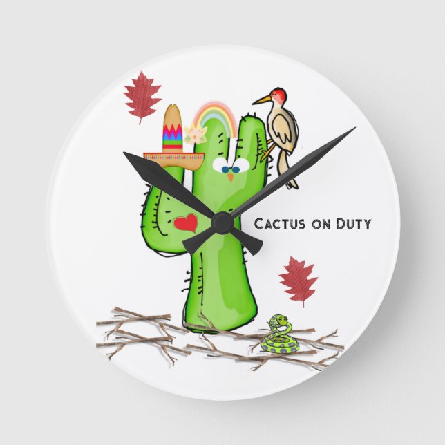 Cactus Bird Clock Rund Klocka (Framsida)