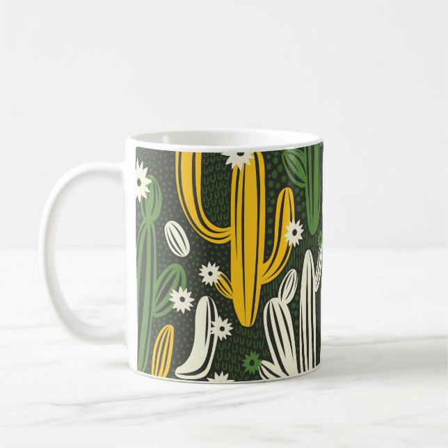 Cactus Black Background Vintage Mönster Kaffemugg (Vänster)
