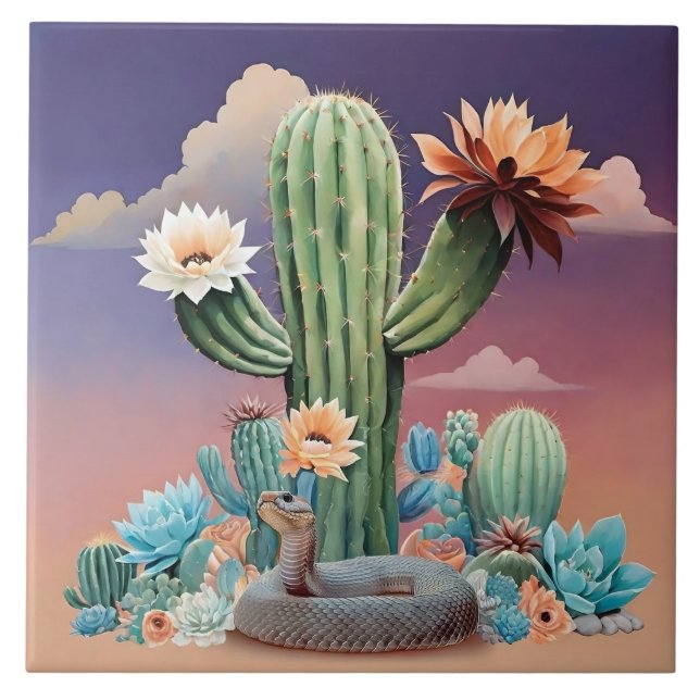 Cactus Blommars Rattlesnake Desert Art Kakelplatta (Framsidan)