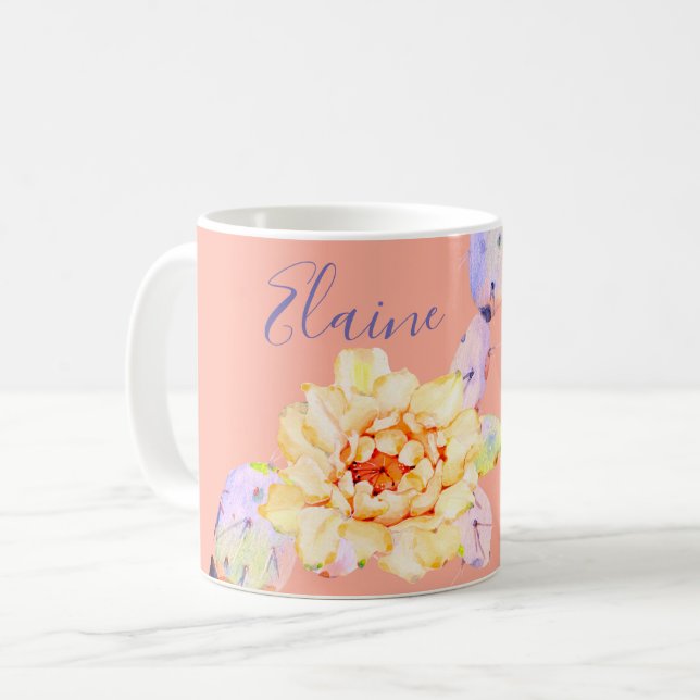 Cactus bloom ökenblommans vattenfärgspersika lila kaffemugg (Framsida vänster)
