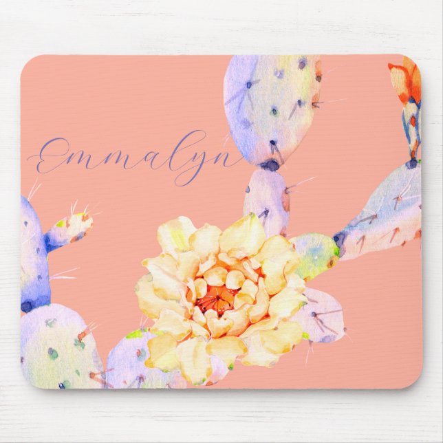 Cactus bloom ökenblommans vattenfärgspersika lila musmatta (Framsidan)