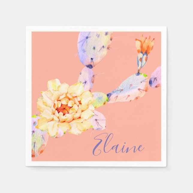 Cactus bloom ökenblommans vattenfärgspersika lila pappersservett (Framsidan)