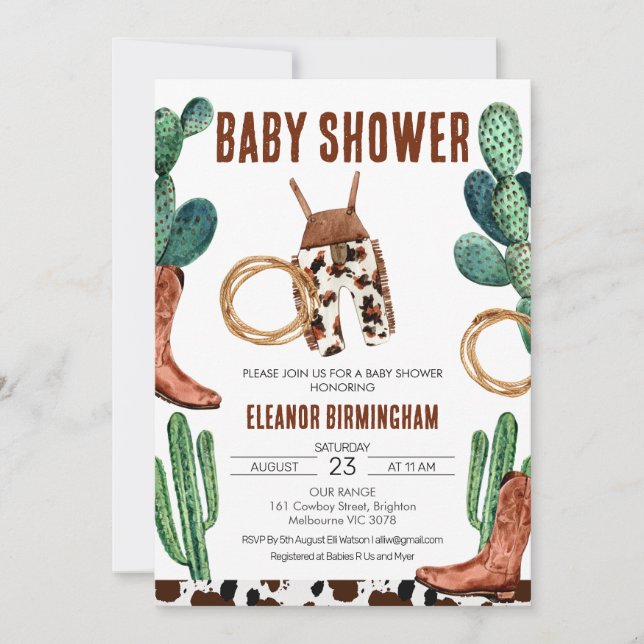 Cactus Boots Rodeo Cowboy Baby Shower Inbjudningar (Framsida)