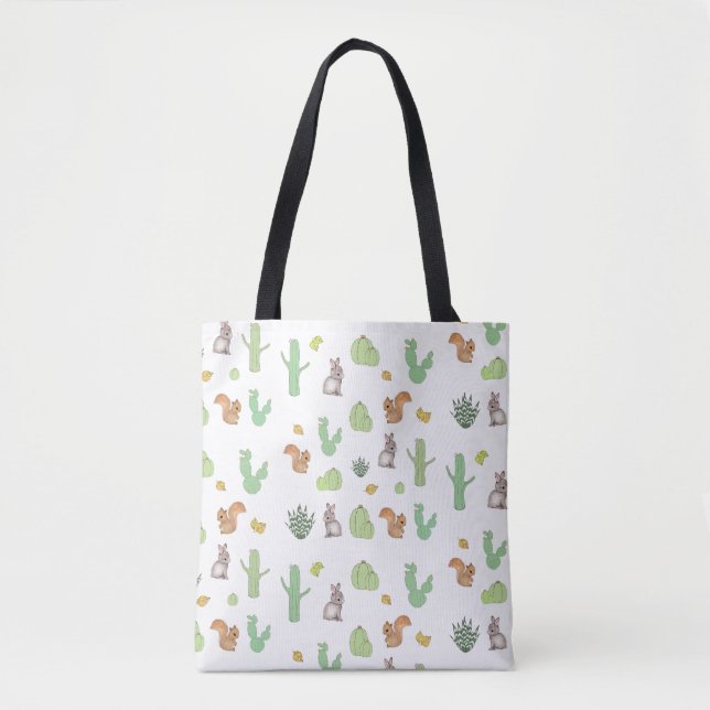 Cactus Bunny Squirrel Nature Mönster Tote bags Tygkasse (Framsida)