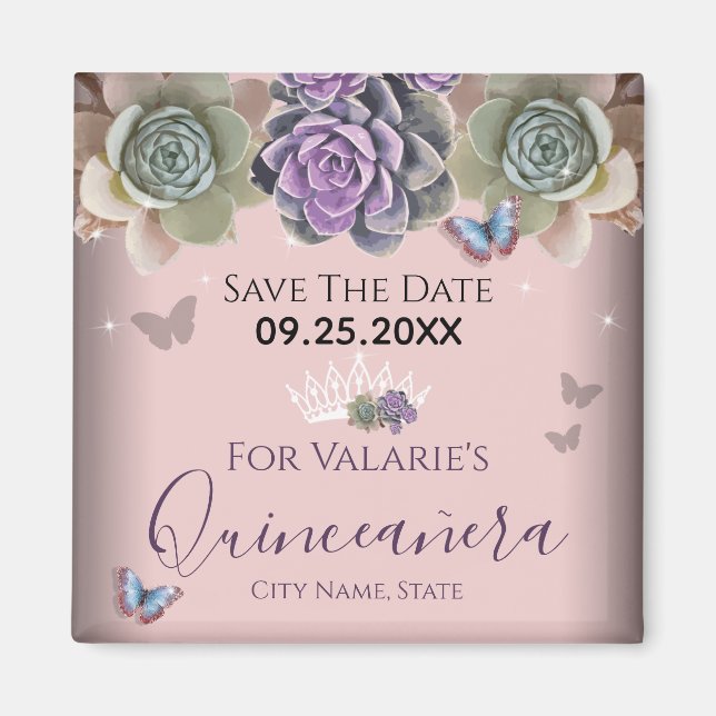 Cactus Butterfly Elegant Quinceanera Spara datum Magnet (Framsidan)