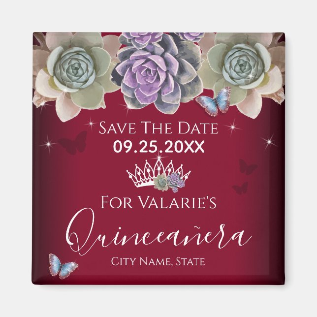 Cactus Butterfly Elegant Quinceanera Spara datum Magnet (Framsidan)