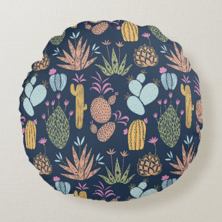 Cactus Charm: Blommigten Färgfull Vintage Rund Kudde