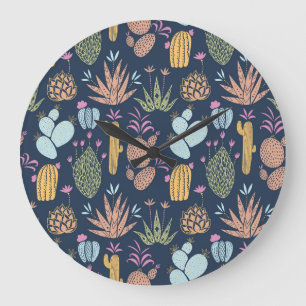 Cactus Charm: Blommigten Färgfull Vintage Stor Klocka