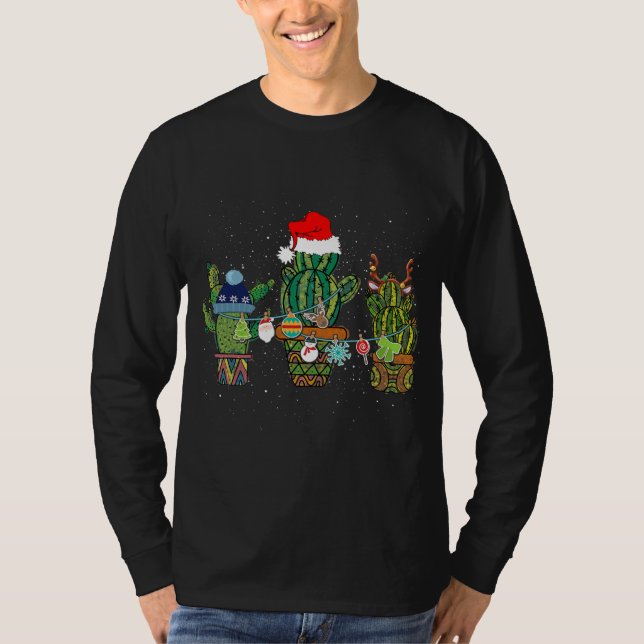 Cactus Christmas Reindeer Santa Hat Pajamas Xmas  T Shirt (Framsida)