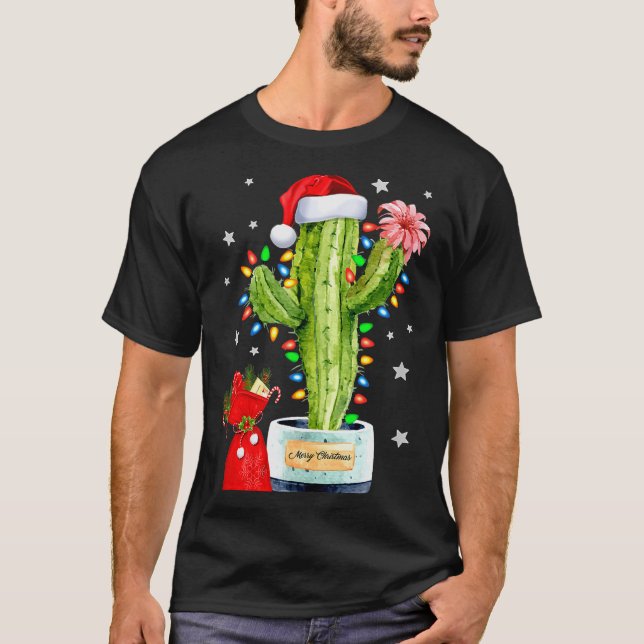 Cactus Christmas Sweater Lights Santa Xmas Plant L T Shirt (Framsida)
