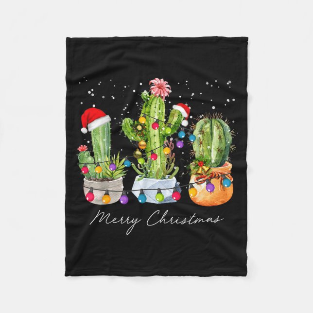 Cactus Christmas Xmas Trees Lights Santa Hat Cactu Fleecefilt (Framsidan)