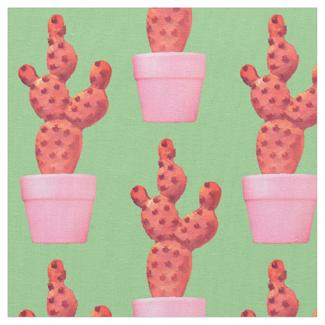 Cactus Cute Modern Grönt Rosa Pop Art Tyg (Närbild)