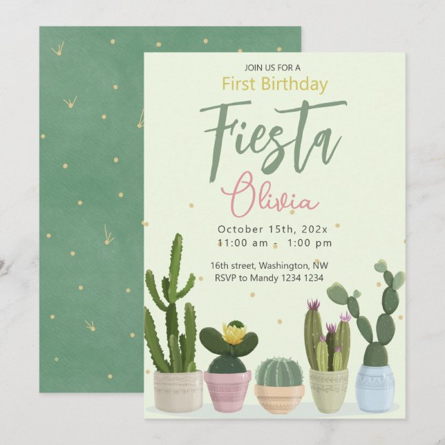 Cactus Fiesta First Birthday-inbjudan Inbjudningar (Fram/baksida)