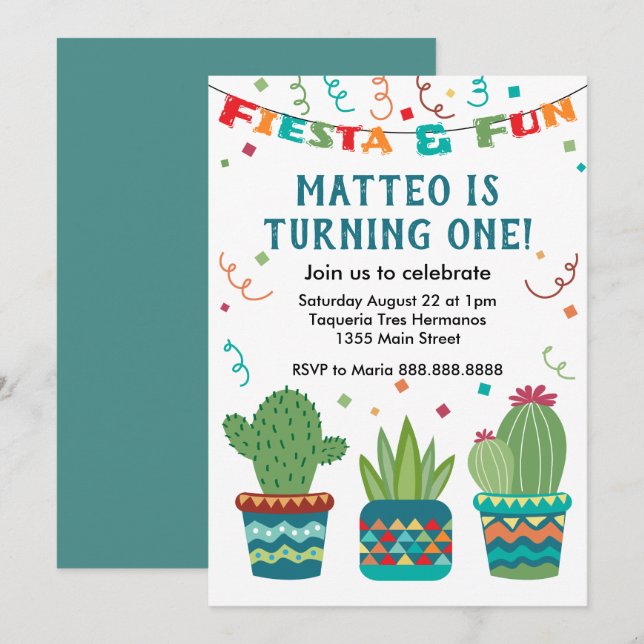 Cactus Fiesta-Födelsedagsfesten första året Inbjudningar (Fram/baksida)
