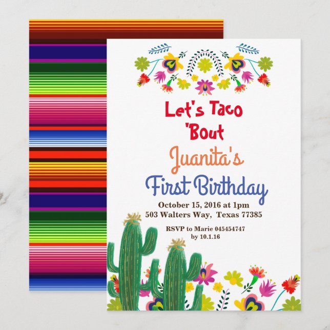 Cactus Fiesta mexikan 1:a födelsedagen Party Inbjudningar (Fram/baksida)