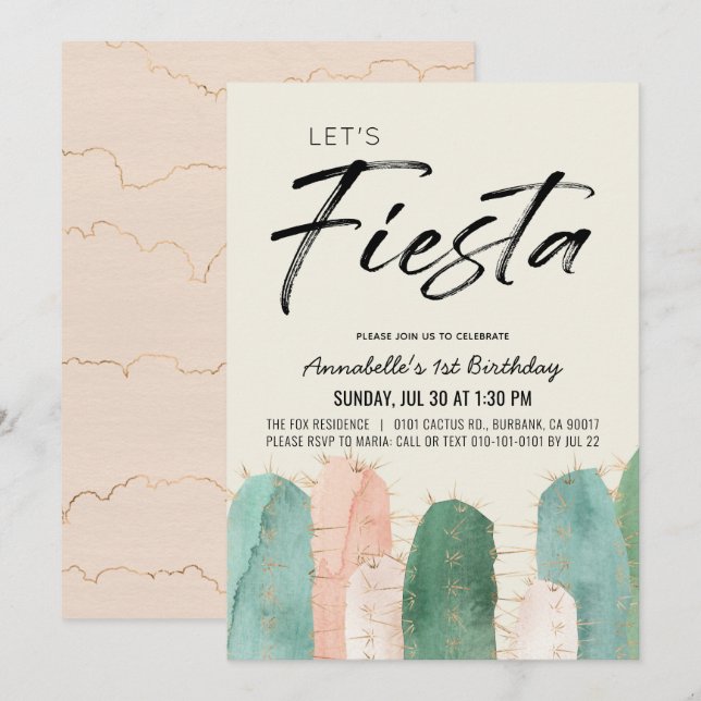 Cactus Fiesta Rosa 1:a födelsedag Inbjudningar (Fram/baksida)