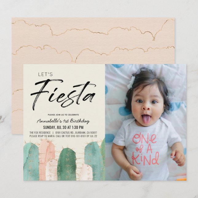 Cactus Fiesta Rosa Photo 1st Birthday Call Inbjudningar (Fram/baksida)
