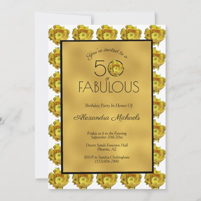 Cactus Flower Black & Metallic Guld 50 & Fabulous Inbjudningar (Framsida)